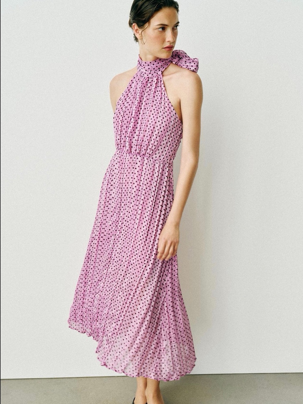 Zara Halter Neck Pink Polka Dot Midi Dress